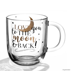Glastasse EMOZIONE mit Schriftzug "Love you to the moon and back", Mond- und Sternenmotiv