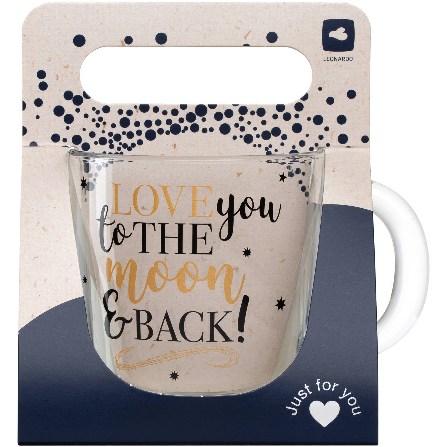 Tasse EMOZIONE mit Schriftzug "Love you to the moon and back" auf Verpackung