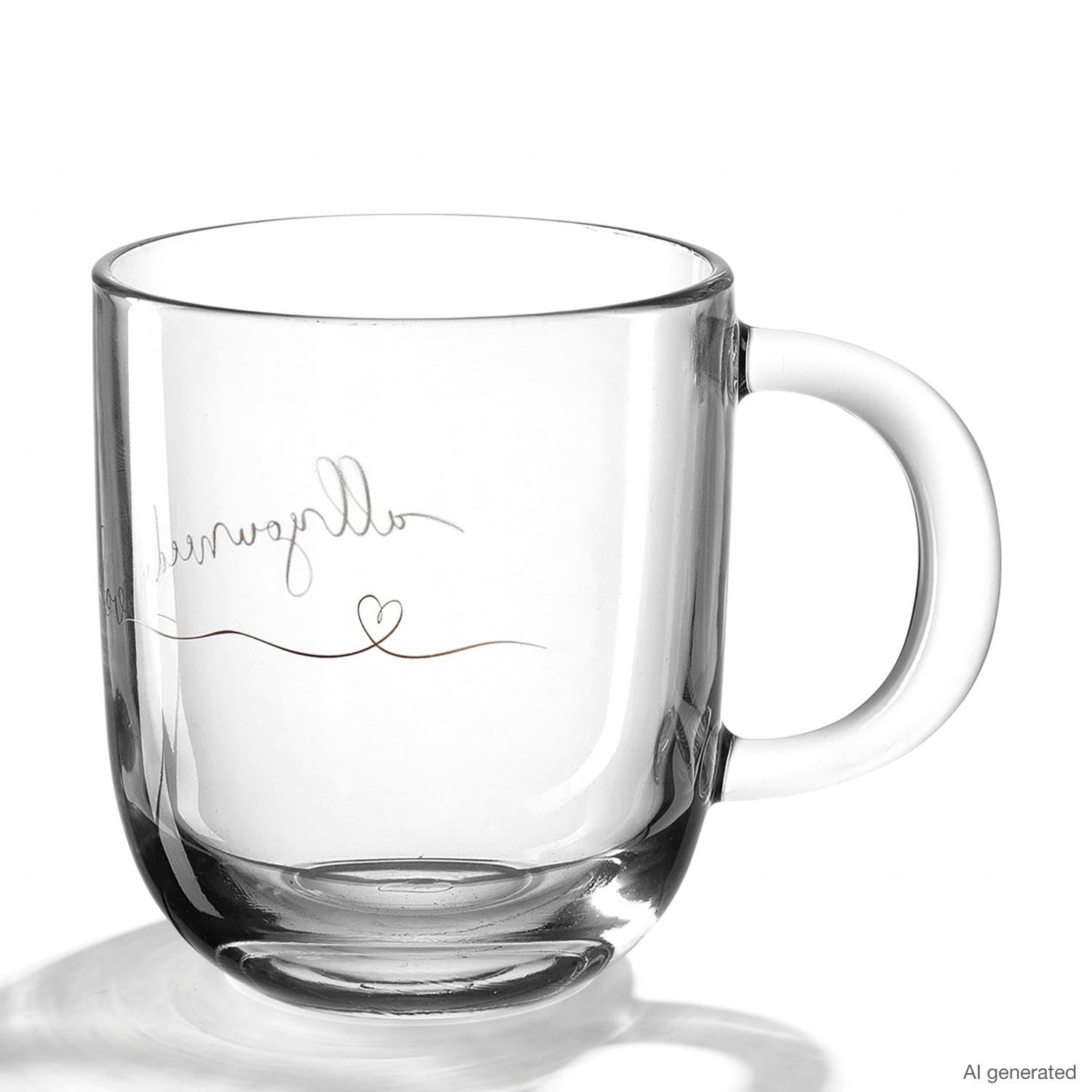 Glasbecher mit Henkel und Gravur "all you need is love" mit Herzsymbol
