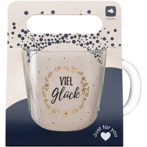 Tasse EMOZIONE mit goldenem Lorbeerkranz und Schriftzug Viel Glück, in Verpackung