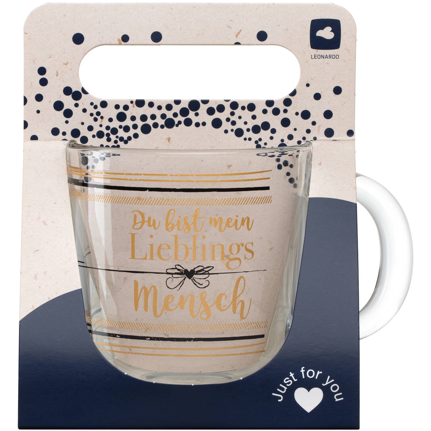 Tasse EMOZIONE mit goldenem Text "Du bist mein Lieblingsmensch" und Schleife, Verpackung