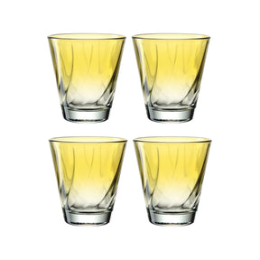 Vier Trinkgläser TWIST 215 ml gelb im 2x2 Raster, gefüllt mit gelblicher Flüssigkeit