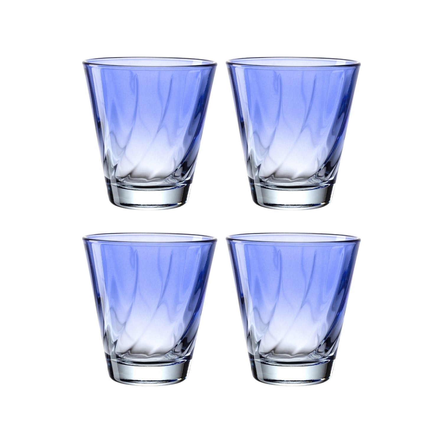Vier blaue Trinkgläser TWIST 215 ml im 4er-Set, angeordnet in zwei Reihen