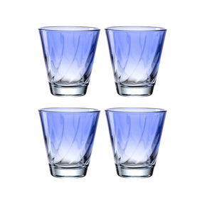 Vier blaue Trinkgläser TWIST 215 ml im 4er-Set, angeordnet in zwei Reihen