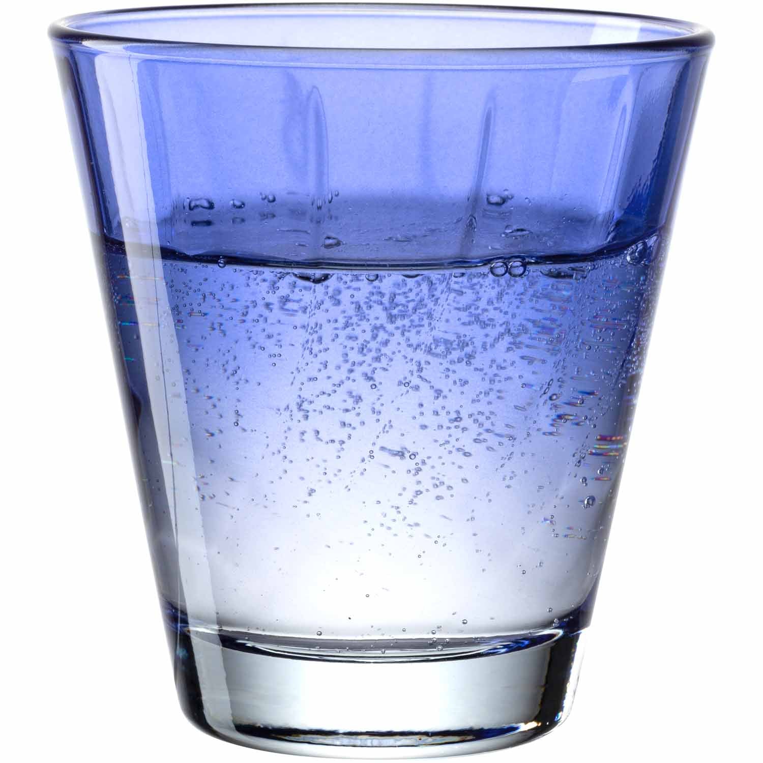 Blaues Trinkglas TWIST mit Wasser gefüllt, von vorne fotografiert