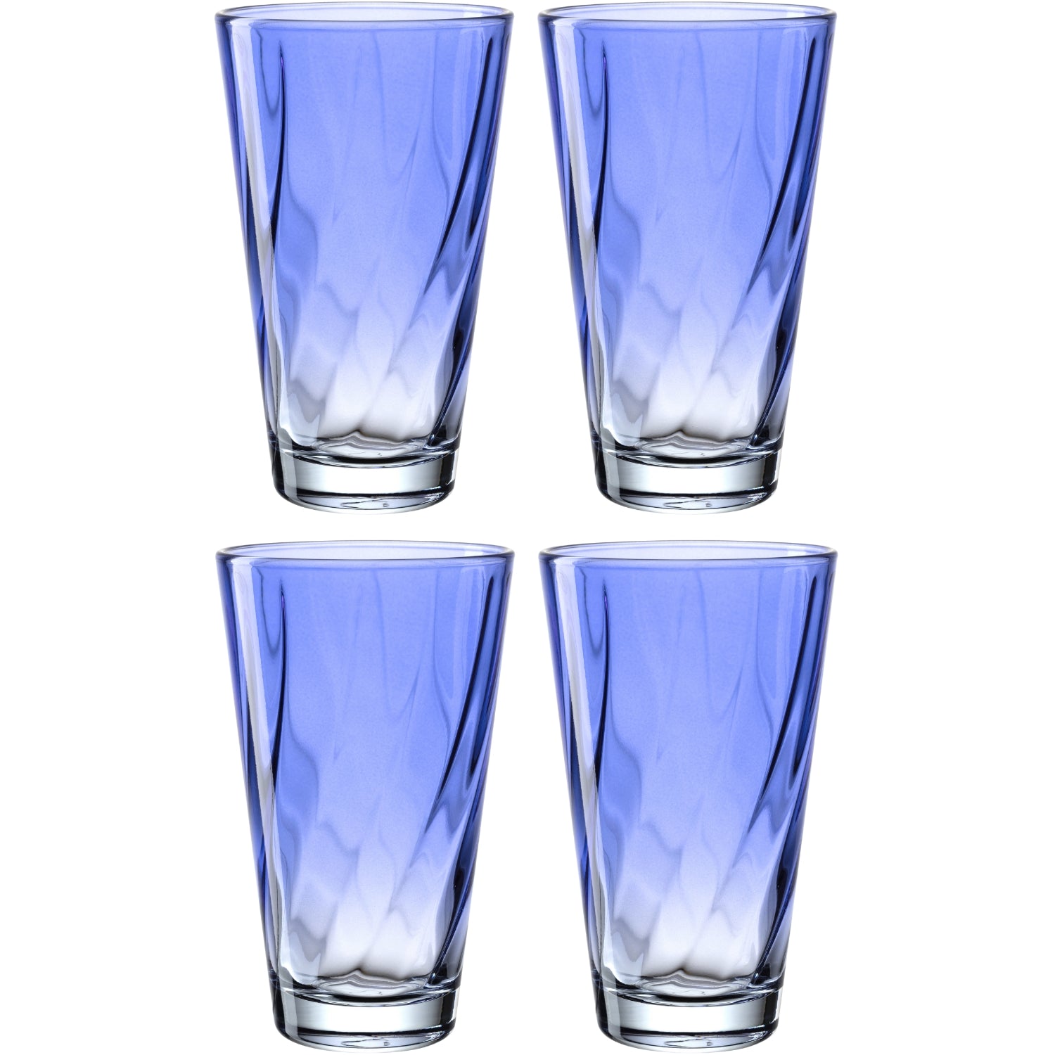 Vier blaue Trinkgläser TWIST 300 ml im 4er-Set, Draufsicht auf weißem Hintergrund