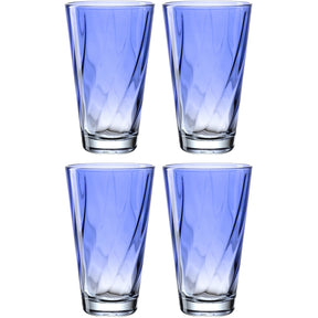 Vier blaue Trinkgläser TWIST 300 ml im 4er-Set, Draufsicht auf weißem Hintergrund
