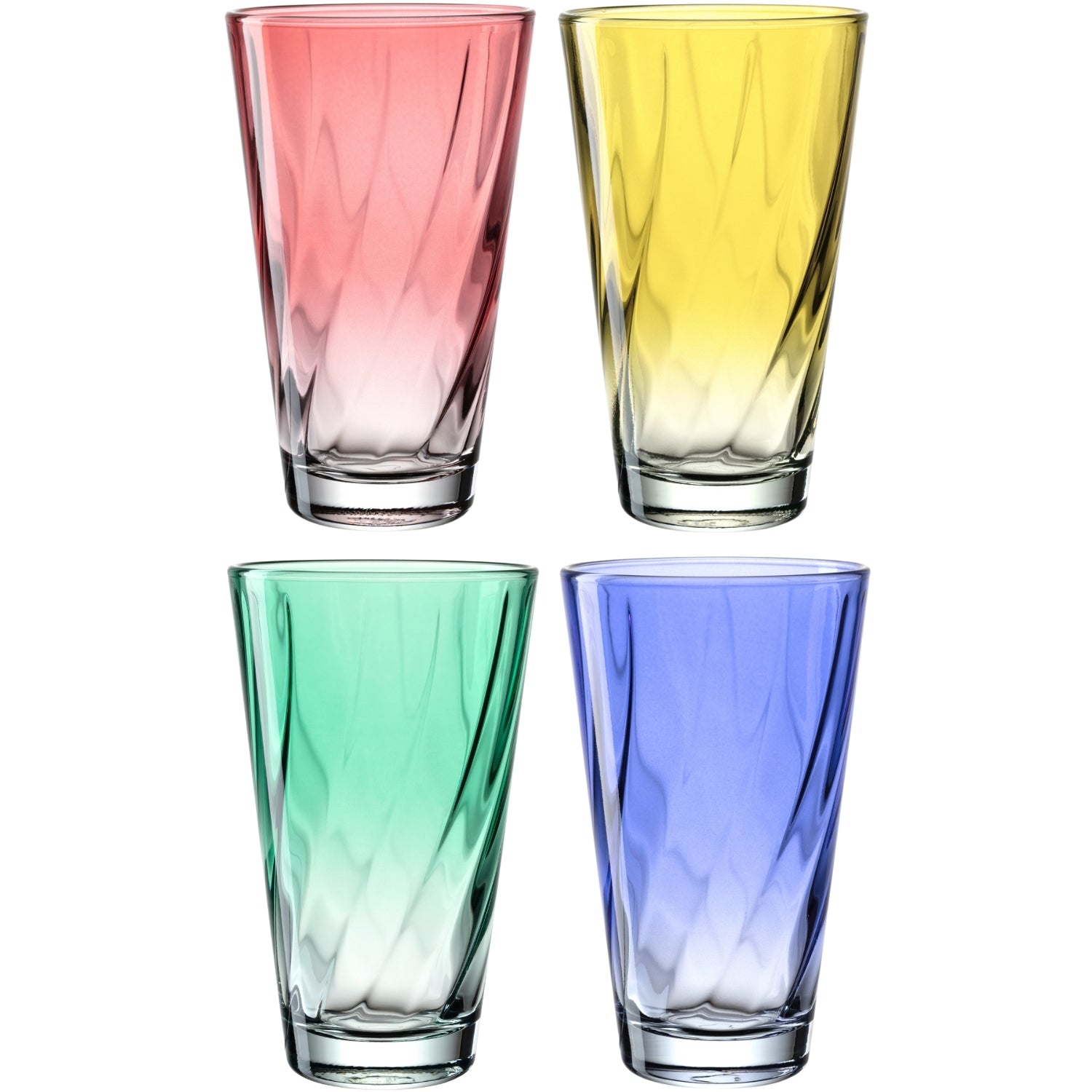 Vier Trinkgläser TWIST in Rosa, Gelb, Mint und Blau mit Farbverlauf