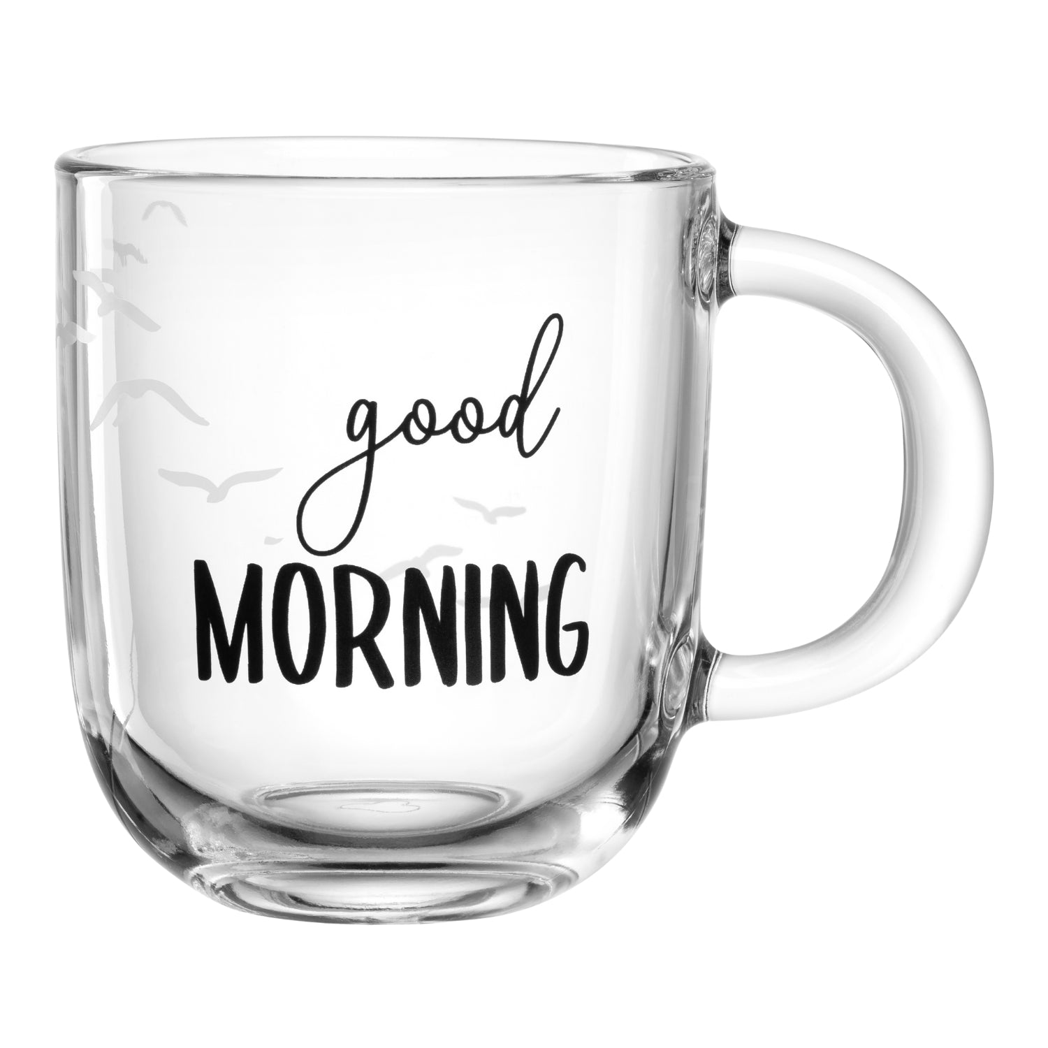 Glastasse UFFICIO mit Gravur "good MORNING" und Vogelmotiv