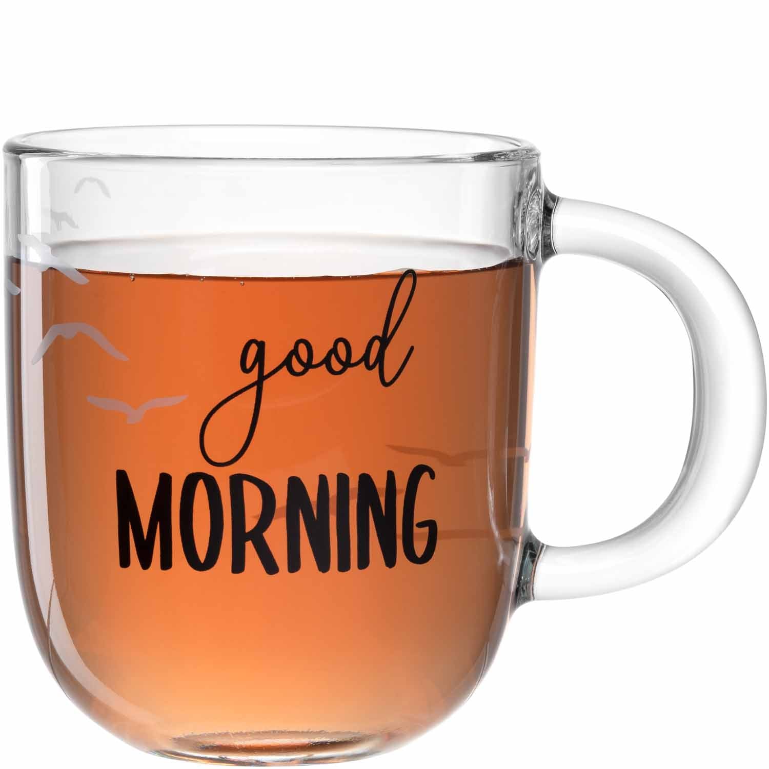 Glastasse UFFICIO 400 ml mit "good MORNING" Schriftzug, gefüllt mit Tee