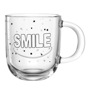Glastasse UFFICIO 400 ml mit eingraviertem SMILE-Schriftzug und Smiley-Motiv, umgeben von Punkten