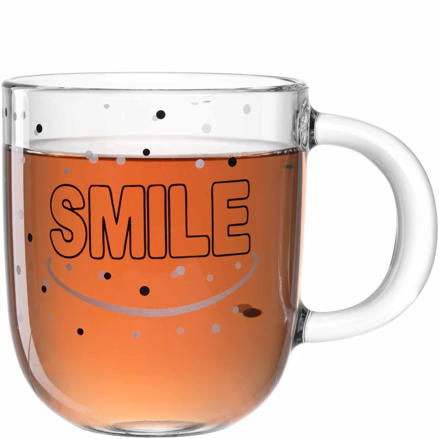 Glastasse UFFICIO mit orangefarbener Flüssigkeit, aufgedrucktem Smiley-Gesicht und Schriftzug SMILE