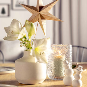 Vase MARTELLO mit weißen Blüten, Holzstern und Dekoration auf Holztisch
