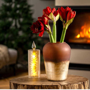 LED Kerze CAPANNA mit roten Tulpen in Vase, Wohnraum mit Kamin