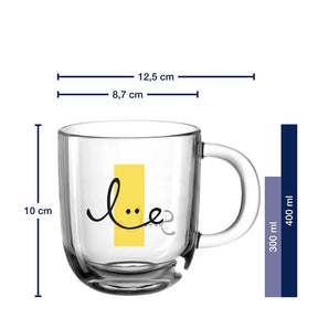 Tasse EMOZIONE 400 ml smile mit Smiley-Gravur und Massangaben