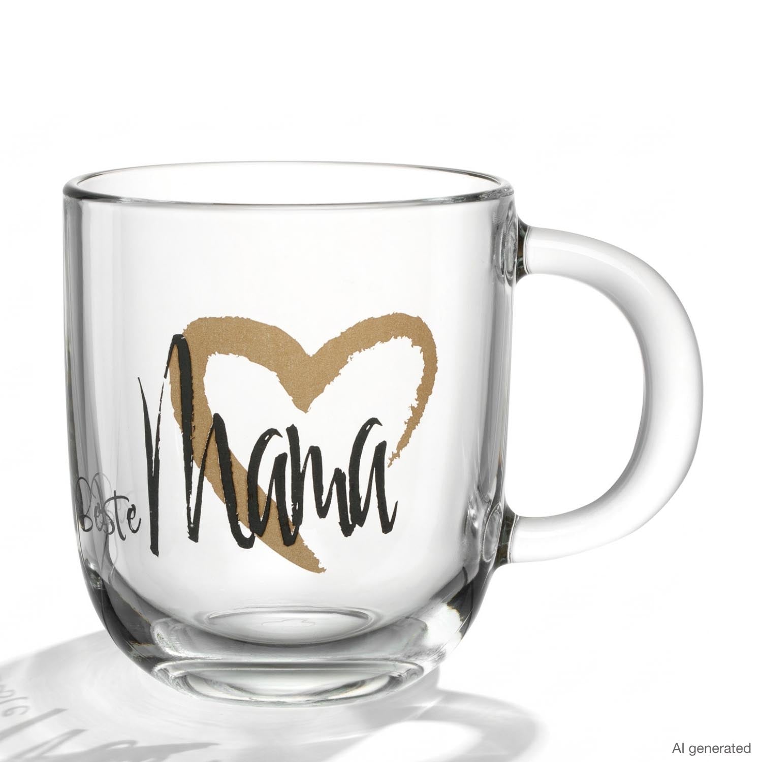 Glastasse mit Gravur "Beste Mama" und goldenem Herzdekor, freistehend