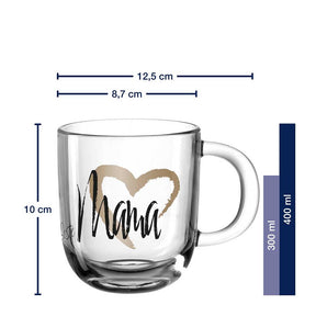 Tasse EMOZIONE 400 ml mit Gravur "Beste Mama" und Herzdekor, Massangaben