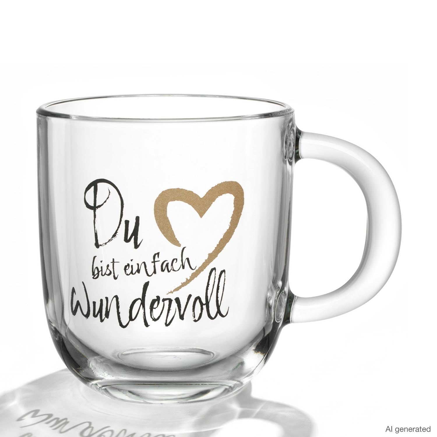 Glastasse mit Gravur "Du bist einfach wundervoll" und Herzsymbol