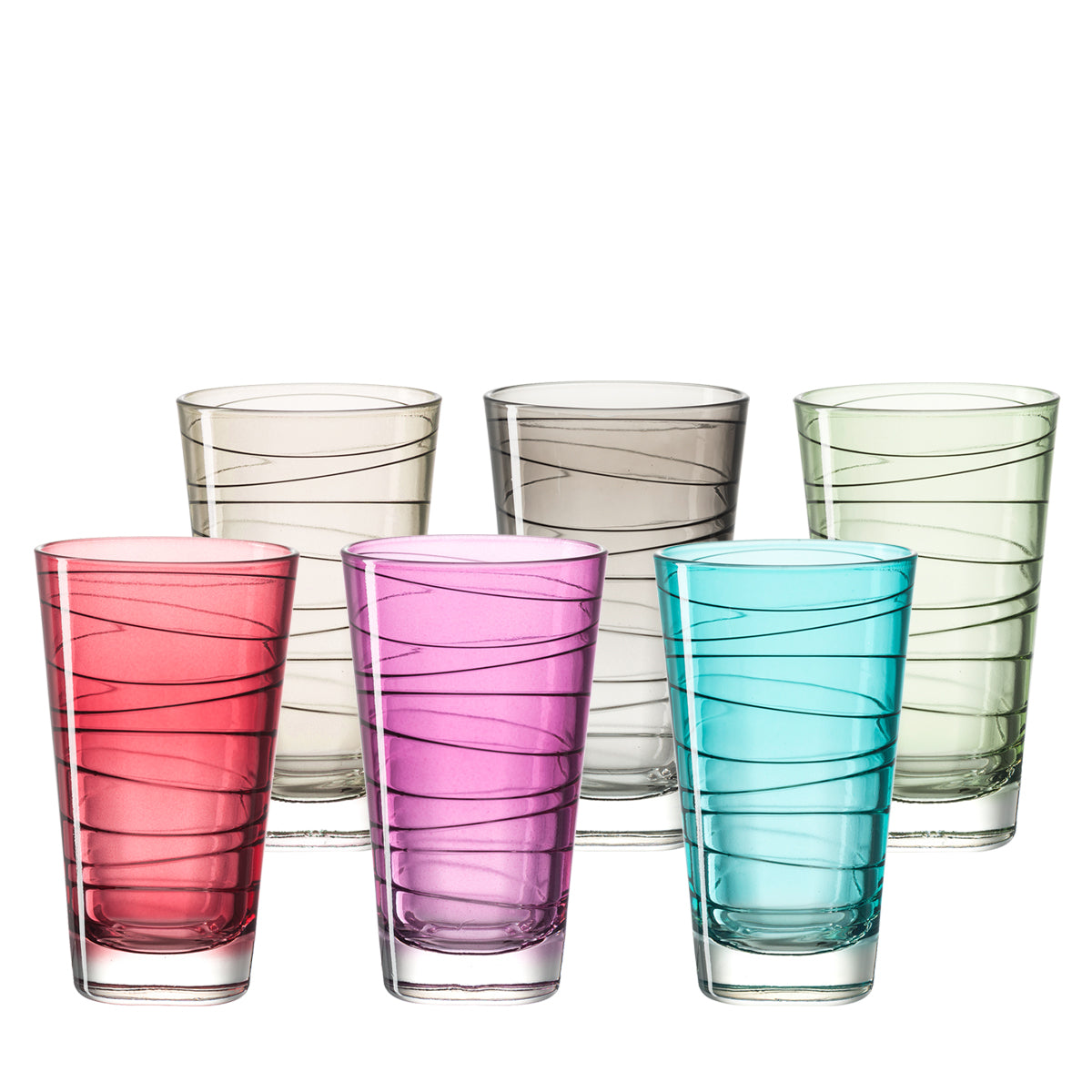 Trinkglas VARIO 280 ml 6er-Set in Rot, Pink, Türkis und Transparent mit Rillenstruktur