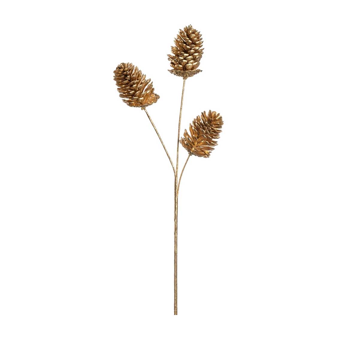 Zapfenzweig 61 cm gold CAPANNA mit drei Zapfen auf weißem Hintergrund