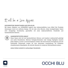 Vase OCCHI BLU mit Produktbeschreibung und Leonardo-Logo