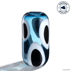 Vase OCCHI BLU mit schwarzen und weißen Augenmustern auf blauem Glas