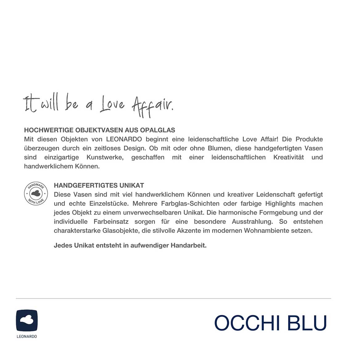 Vase OCCHI BLU mit Produktbeschreibung und Markenlogo