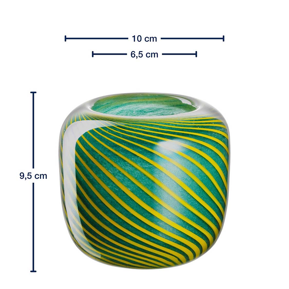 Vase FILO COLORI mit grünen und gelben Streifenmuster und Massangaben