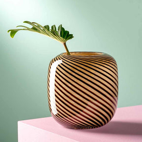 Vase FILO COLORI braun mit diagonalen Linien, grüne Pflanze darin, auf rosa Podest