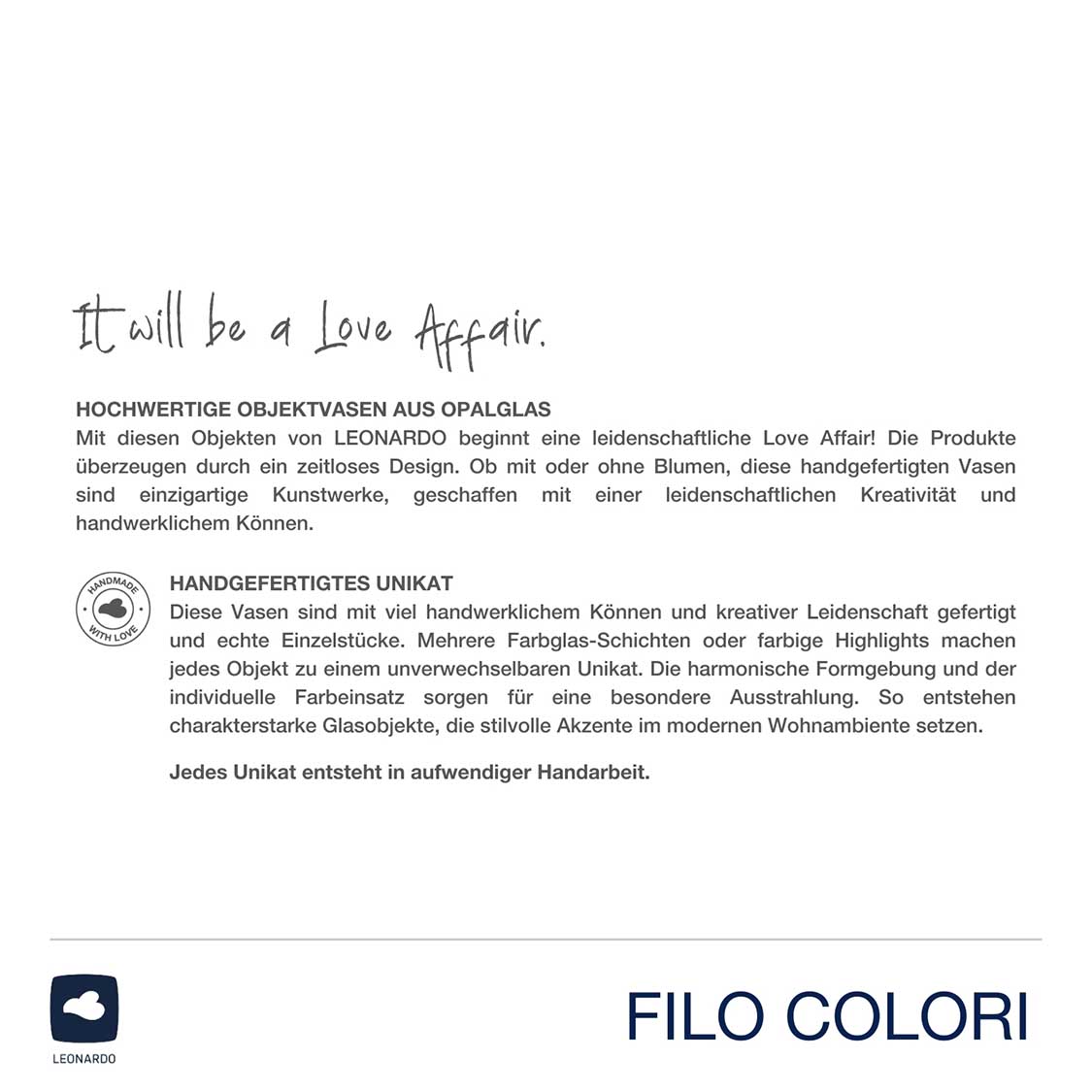 Vase FILO COLORI braun, Produktverpackung mit Beschreibung und Logo