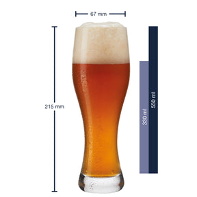Massangaben zum Weizenbierglas TAVERNA 330 ml mit gefülltem Glas und Vergleichsskalen