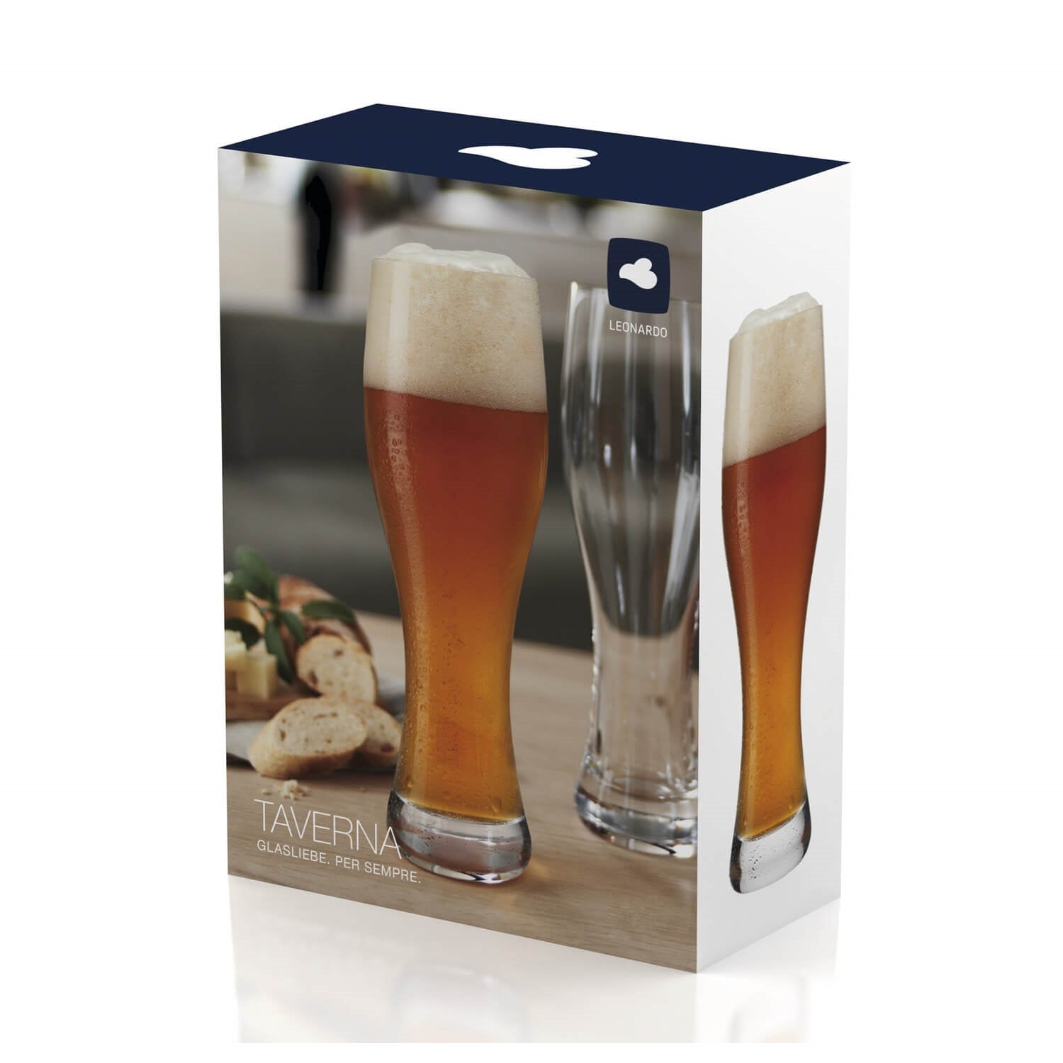 Weizenbierglas TAVERNA 330 ml 2er-Set mit Bier gefüllt, Verpackung