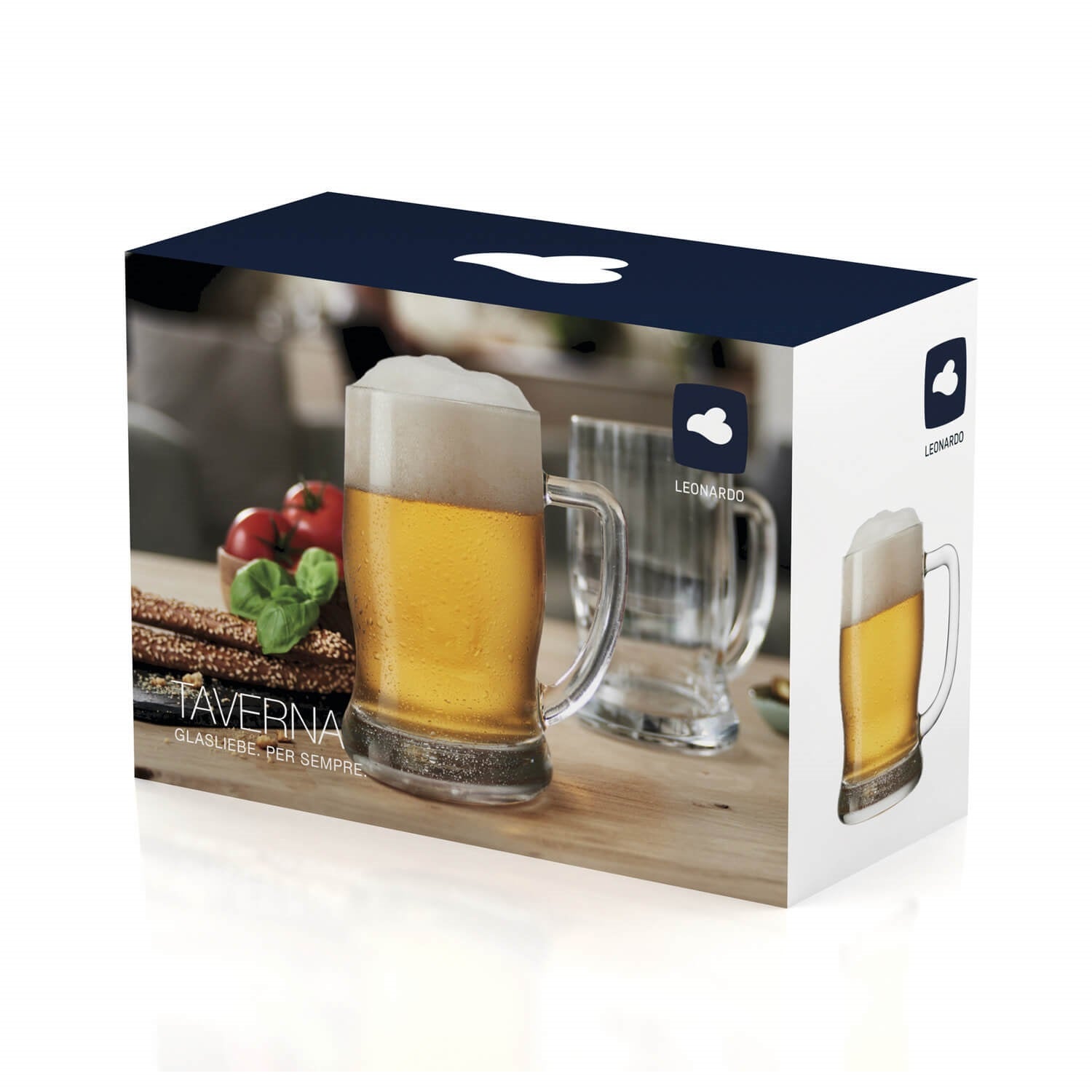 Bierseidel TAVERNA 500 ml 2er-Set mit Bier gefüllt, Verpackung und Hopfen