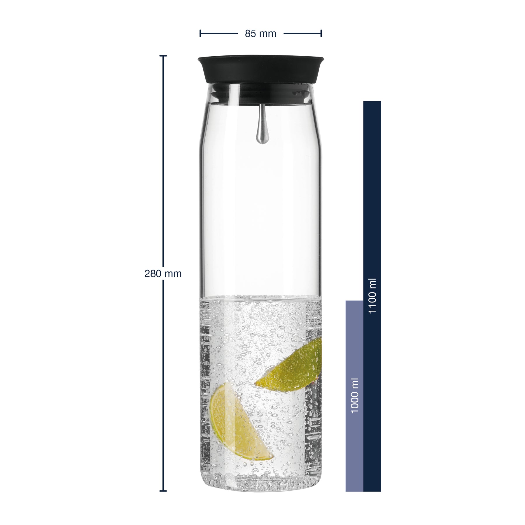Massangaben zu Wasserkaraffe BRIOSO 1 l mit Zitronenscheiben und Wasser gefüllt