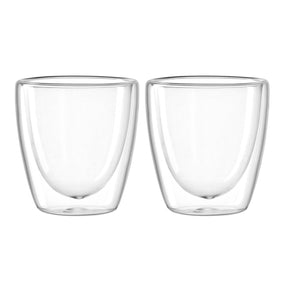 Zwei klare Doppelwandbecher Espresso DUO nebeneinander vor weißem Hintergrund