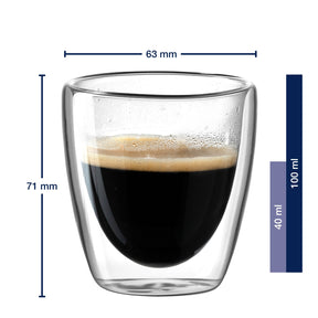 Massangaben zum Doppelwandbecher Espresso DUO 100 ml, gefüllt mit schwarzem Kaffee