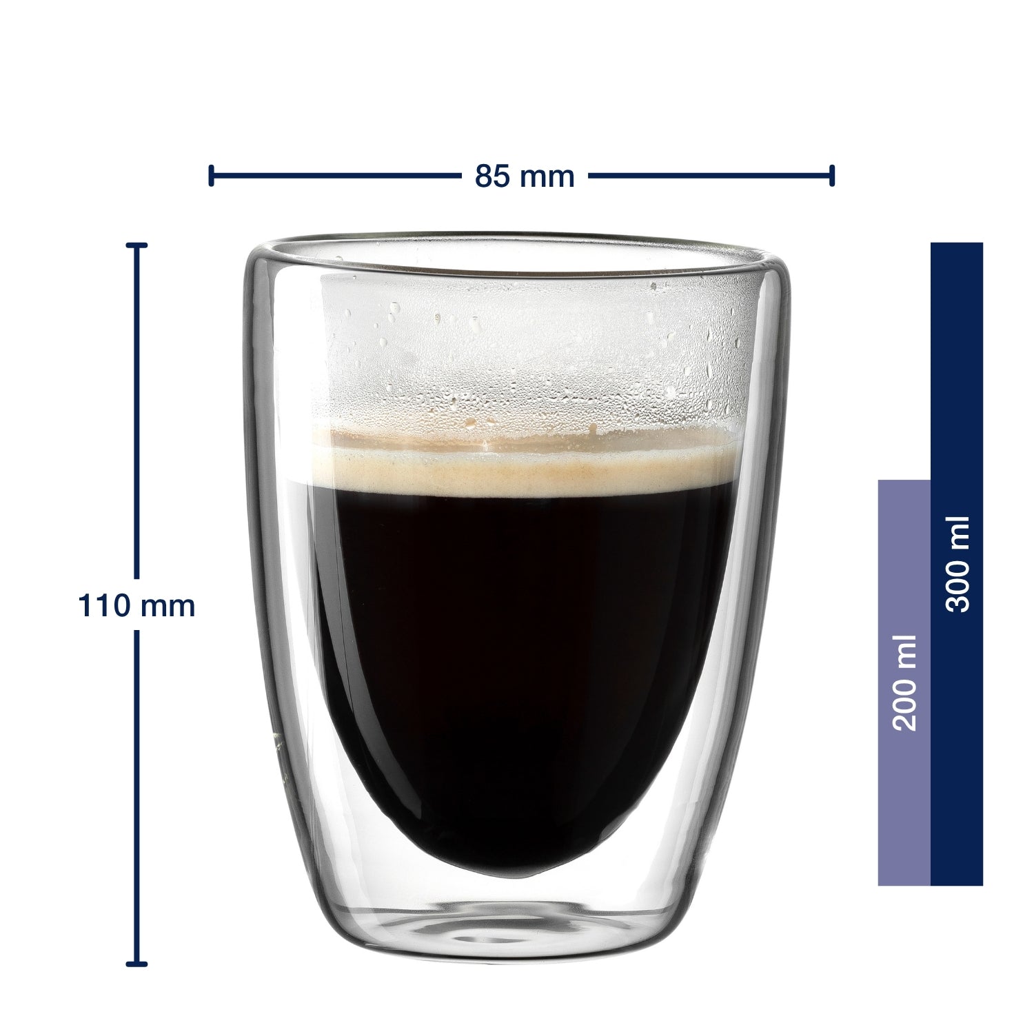 Massangaben zu Doppelwandbecher DUO 300 ml 2er-Set mit Kaffee gefüllt