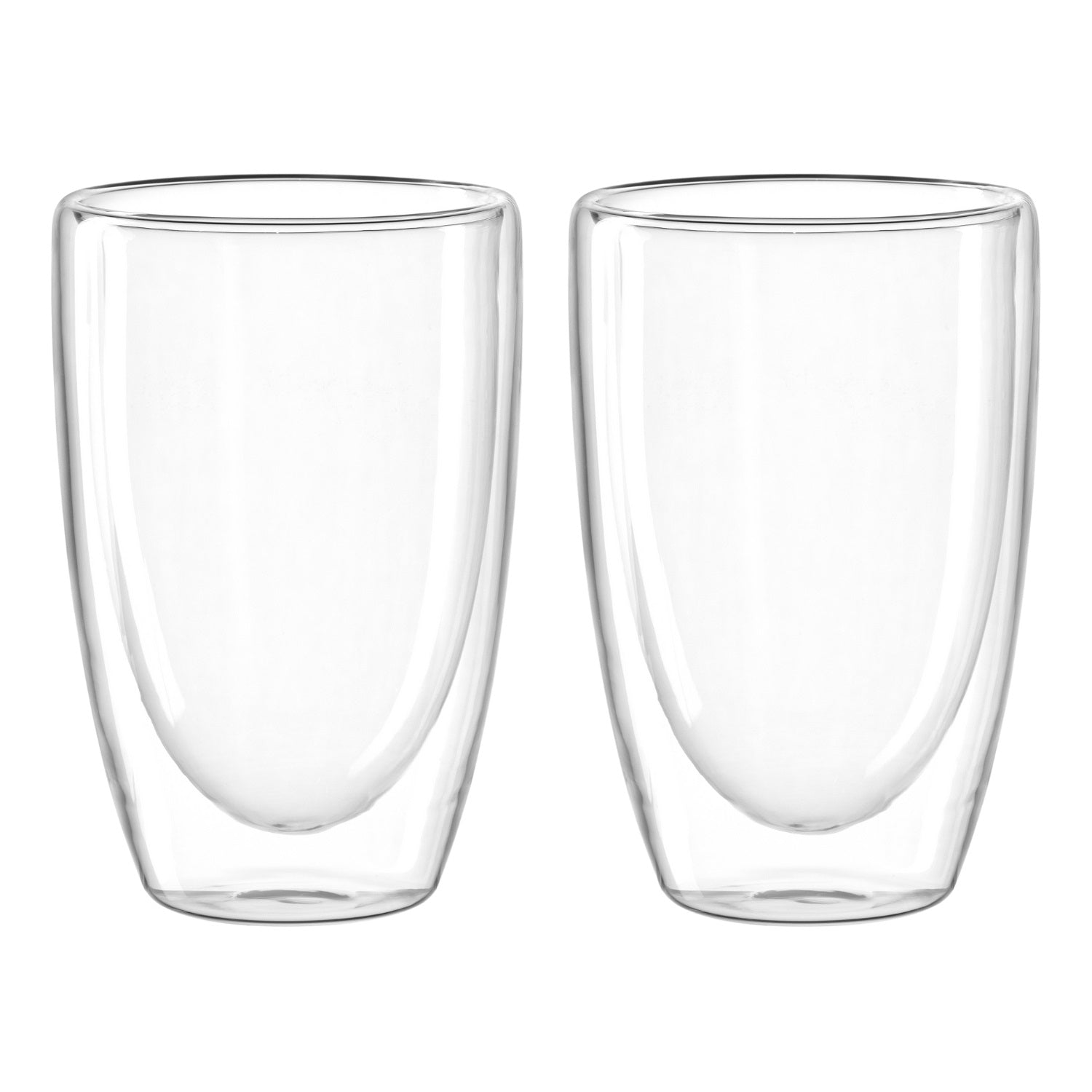Zwei leere Doppelwandbecher DUO 400 ml nebeneinander, klares Borosilikat-Glas