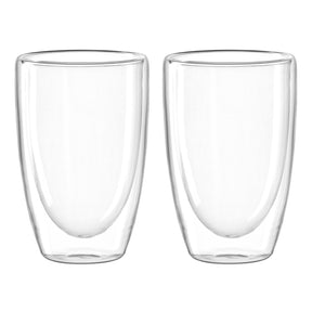 Zwei leere Doppelwandbecher DUO 400 ml nebeneinander, klares Borosilikat-Glas