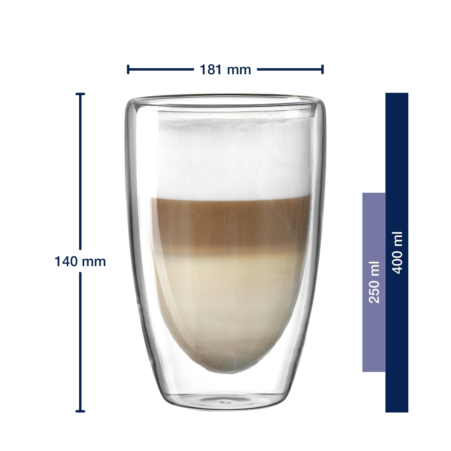 Massangaben zu Doppelwandbecher DUO 400 ml 2er-Set mit Kaffee gefüllt