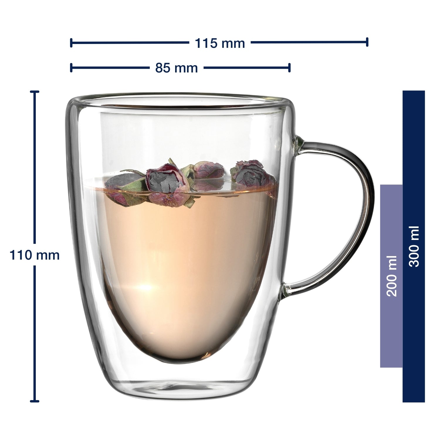 Doppelwandtasse DUO mit Tee und Massangaben