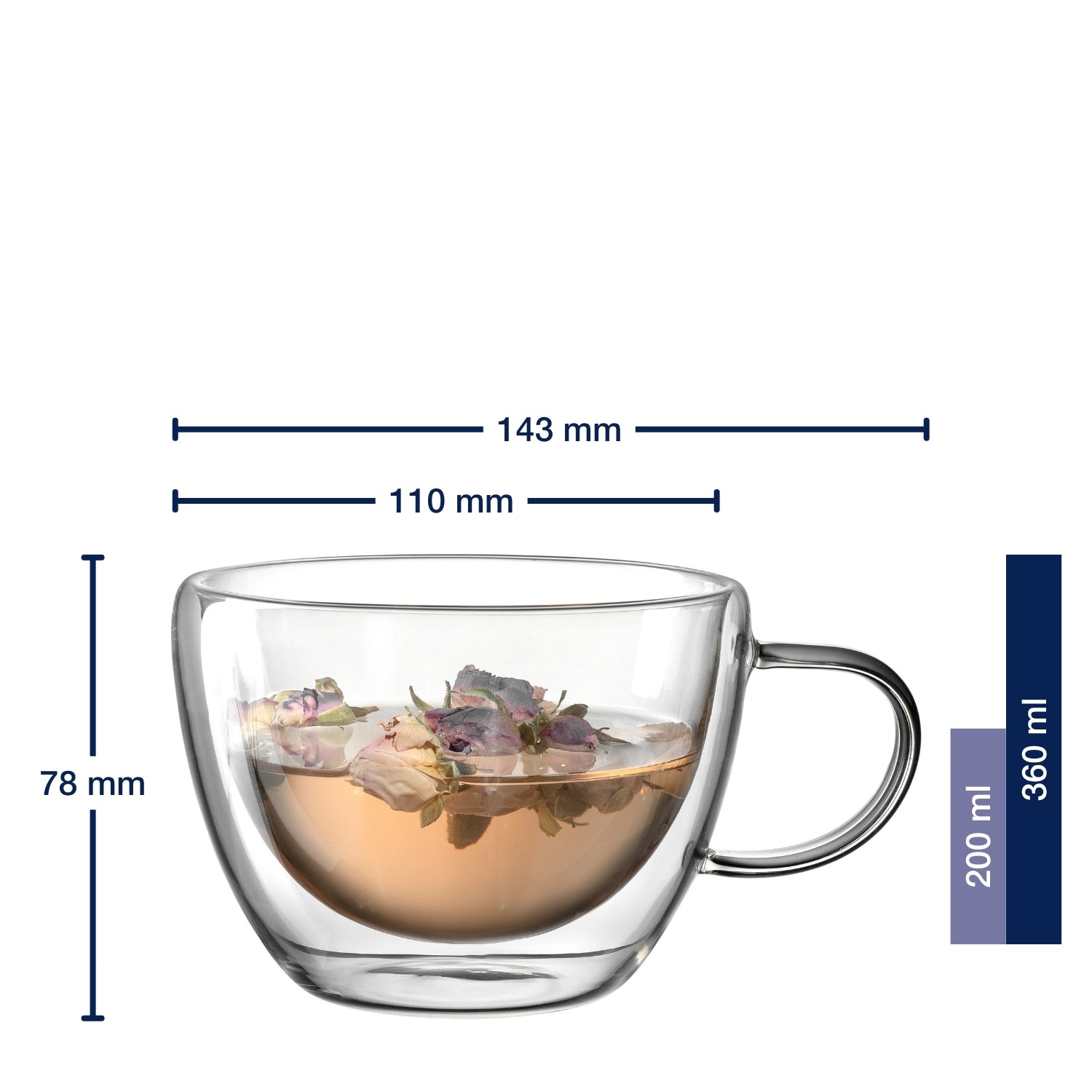 Massangaben zu Teetasse DUO 360 ml 2er-Set mit Blüten und Tee gefüllt