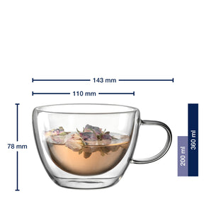 Massangaben zu Teetasse DUO 360 ml 2er-Set mit Blüten und Tee gefüllt