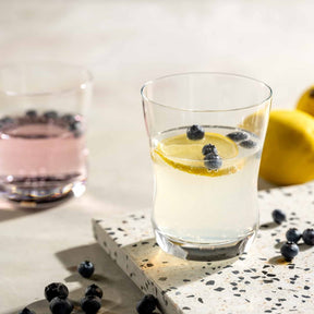Trinkglas VITA mit Wasser, Zitronenscheibe und Heidelbeeren auf Terrazzo-Untergrund
