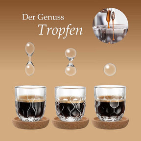 Espressogläser GOCCE mit Kaffeeinhalts-Vergleich und Tropfenformen-Illustration