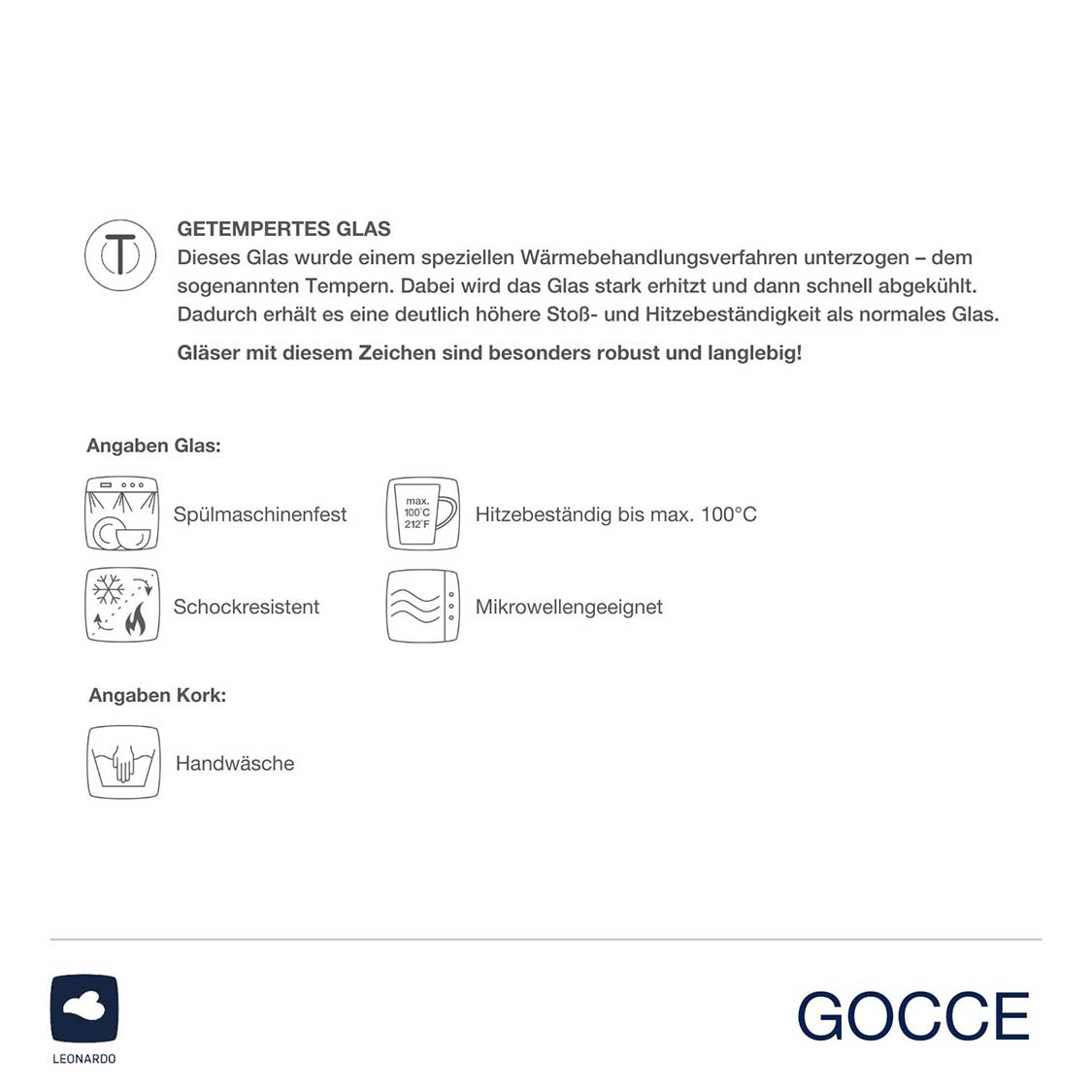 Getempertes Glas Angaben und Pflegeanleitung, GOCCE Logo