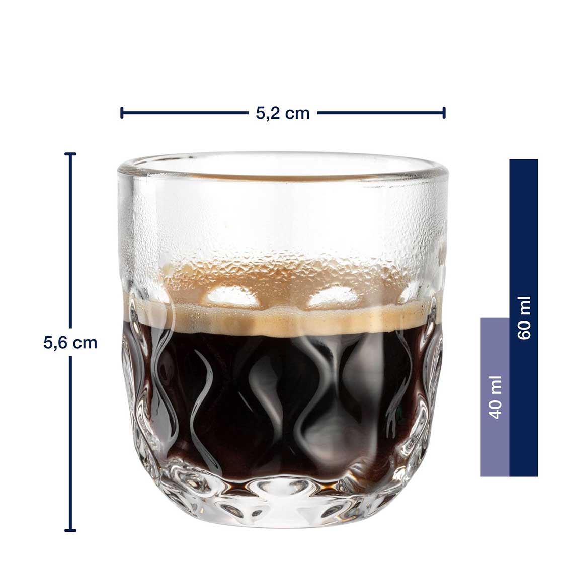 Massangaben zu Espressoglas GOCCE 90ml, gefüllt mit Espresso