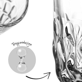Espressoglas GOCCE 90ml, klares Glas, Detailaufnahme mit Größenvergleich