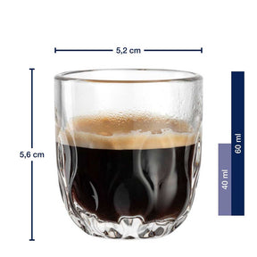 Massangaben zu Espressoglas GOCCE 60ml mit gefülltem Glas und Maßstab