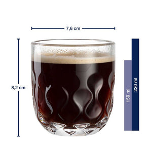 Massangaben zu Kaffeeglas GOCCE 220ml mit gefülltem Glas und Maßstab